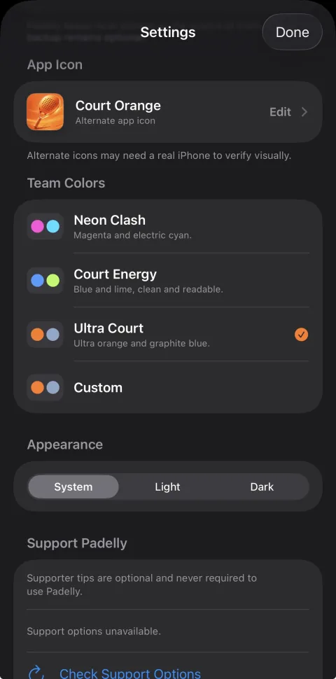 Padelly appearance and team-color settings