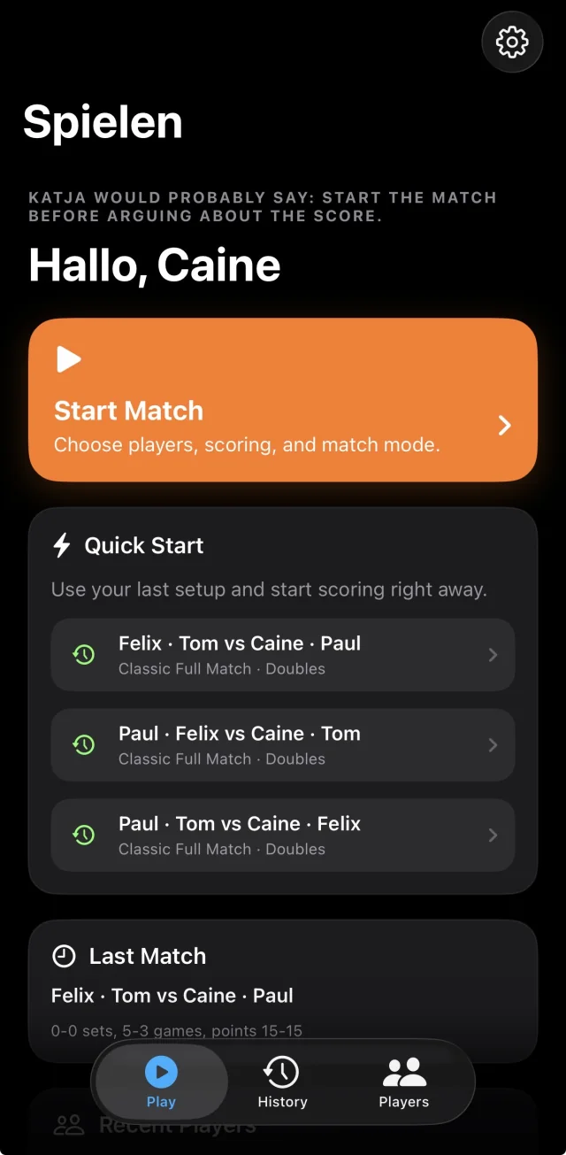 Padelly Start Match and Quick Start screen on iPhone